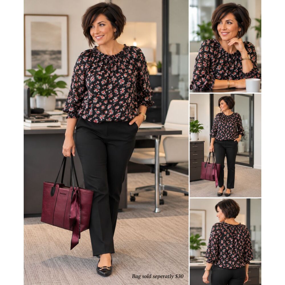 PerSeption Concept Floral Peasant Blouse XL Black Pink EUC